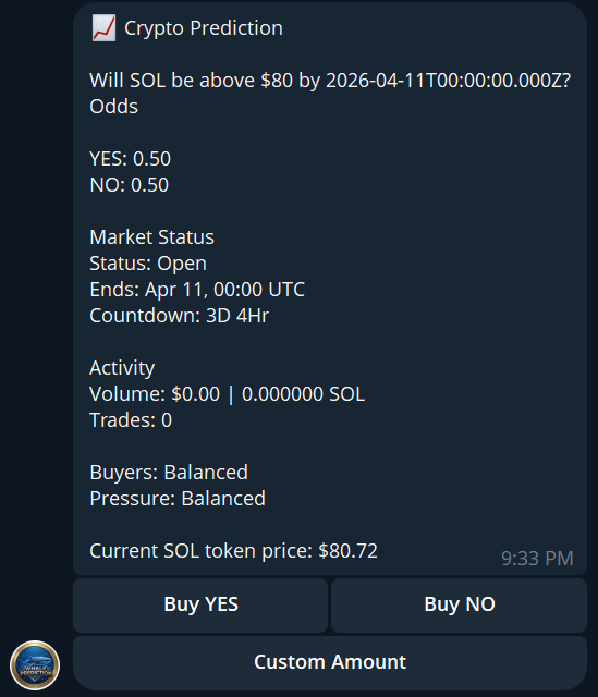Crypto Prediction interface showing $WHALE market with odds, status, and trading options