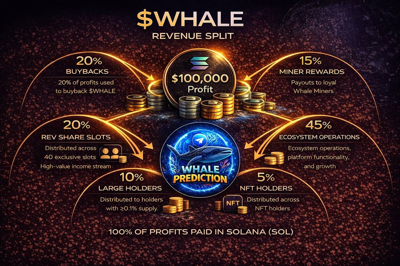 $WHALE Revenue Split - 20% Buybacks, 15% Miner Rewards, 20% Rev Share Slots, 45% Ecosystem Operations, 10% Large Holders, 5% NFT Holders